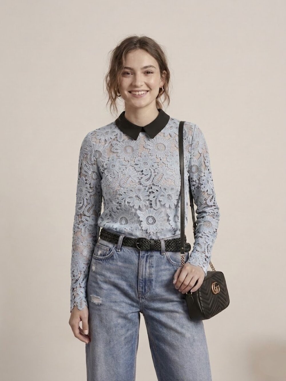 Self-Portrait Ice Grey Floral Guipure Lace Blouse with Black Collar - US 8